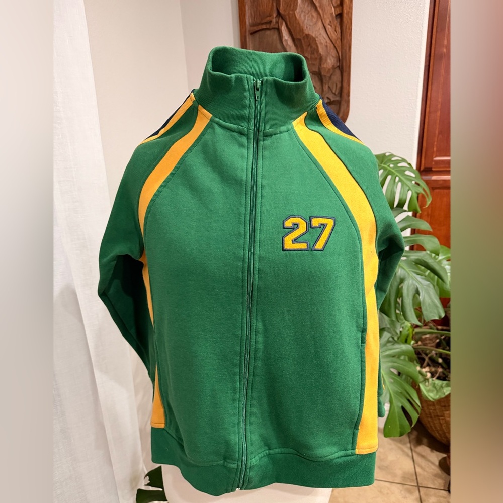 Vintage Kids Track Jacket Green Yellow Zip-Up Boys M 8/10 Retro Athletic